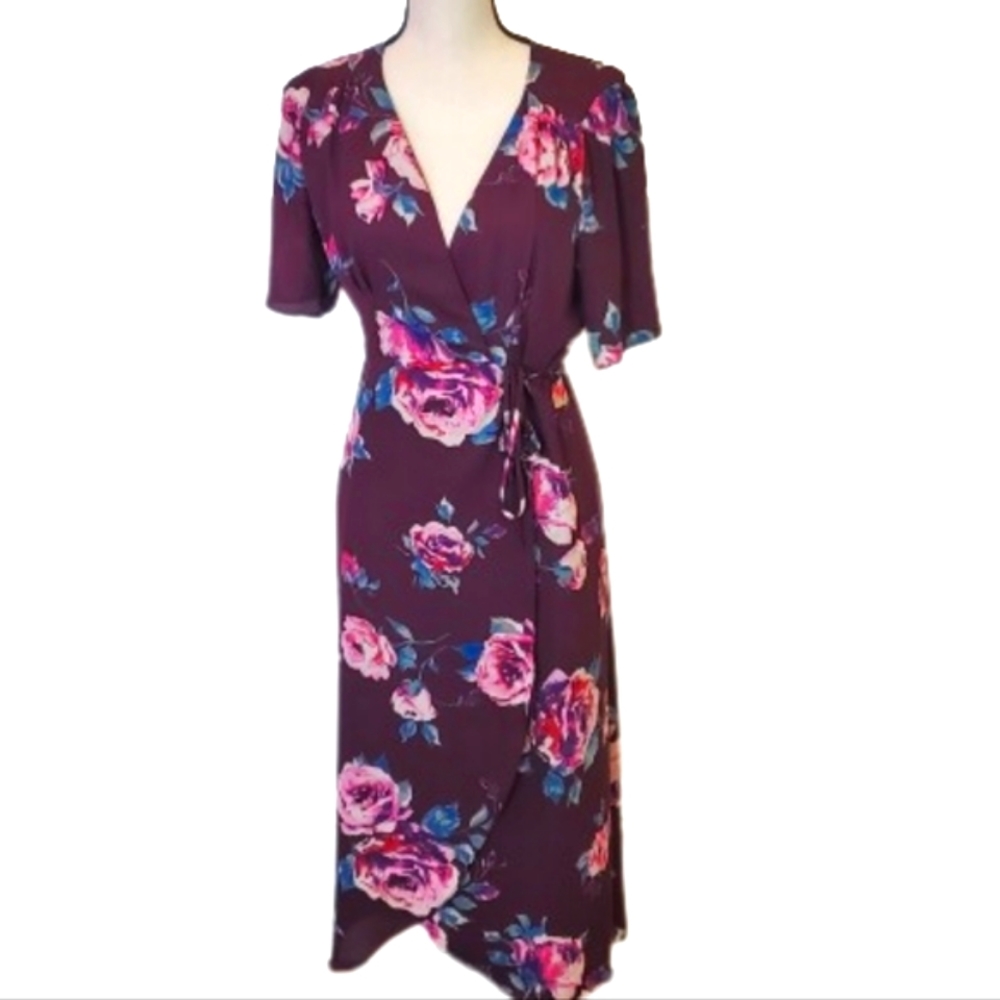 Everly Dark Purple/Pink Multi-Color Floral Wrap Midi Dress, Size Medium